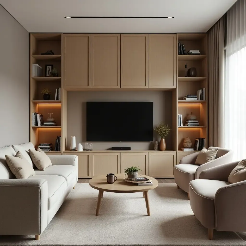 a photo of a small living room showcasing smart storage solutions