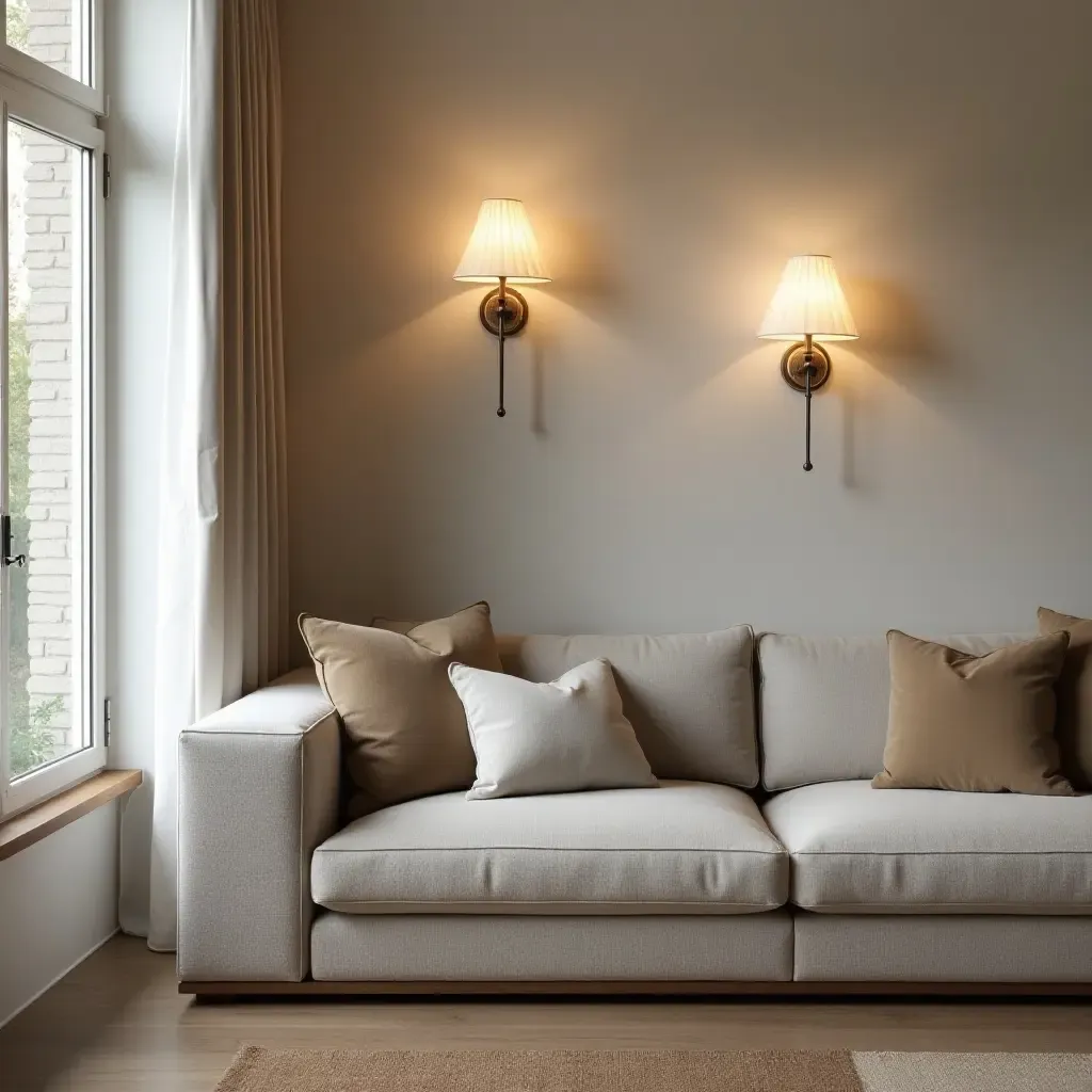 a photo of a living room with elegant wall sconces