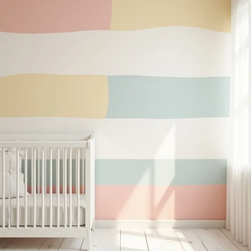 a photo of a nursery featuring playful stripes in pastel colors