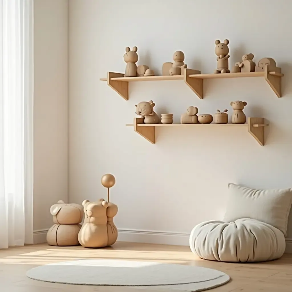 a photo of a nursery with wooden toys displayed on shelves