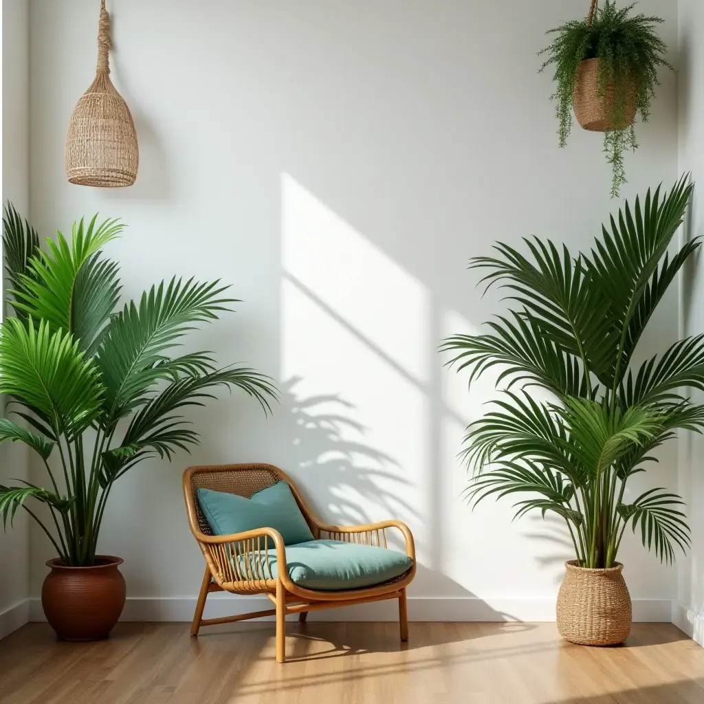 a photo of a tropical-themed wall with palm plants and decor