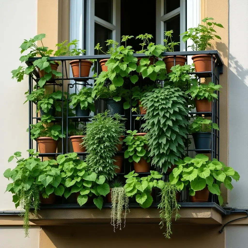 a photo of a balcony with a vertical garden of edible plants and herbs