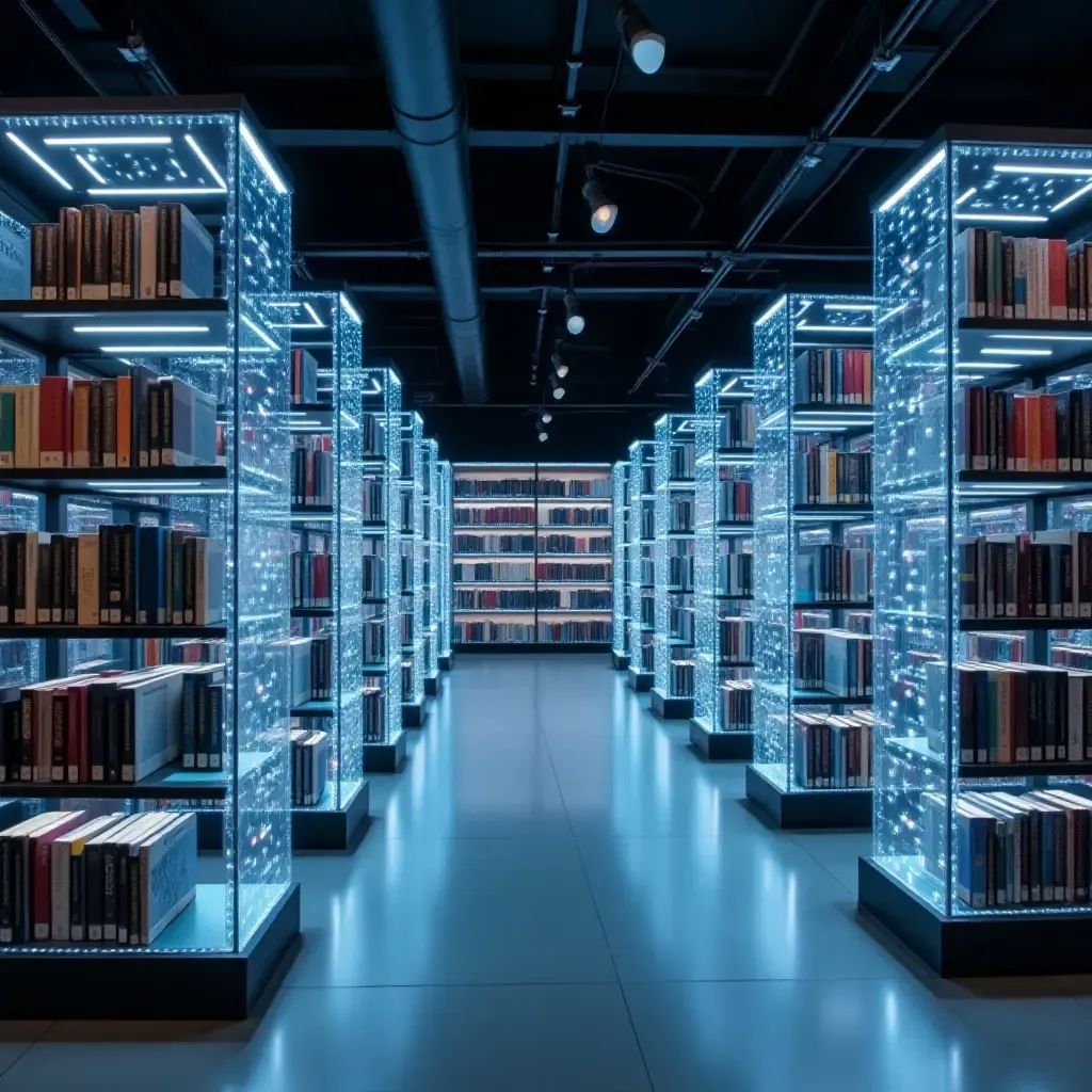 a photo of a tech-savvy library with digital display shelving