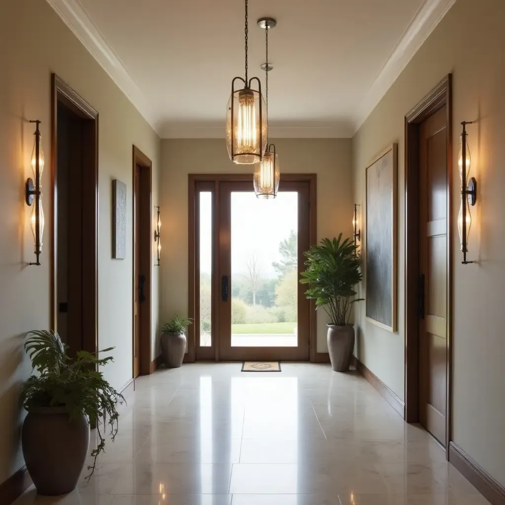 a photo of an entrance hall with pendant lights reflecting personal style