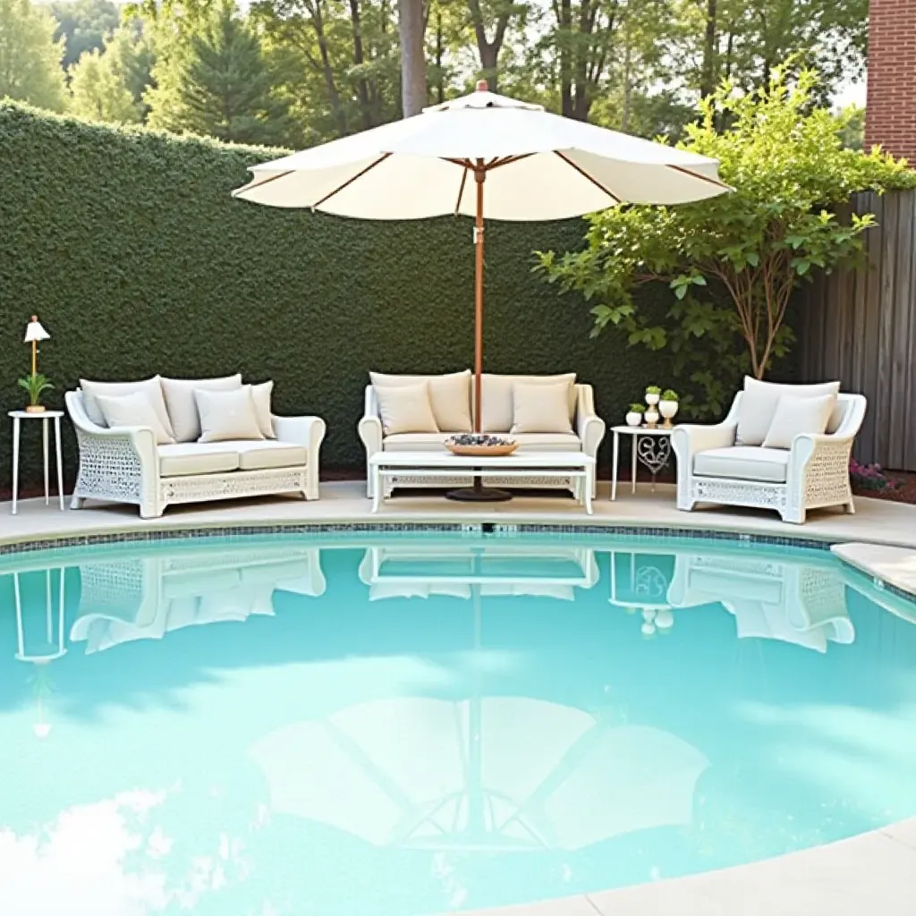 a photo of a vintage-inspired pool area featuring white wicker furniture and soft cushions