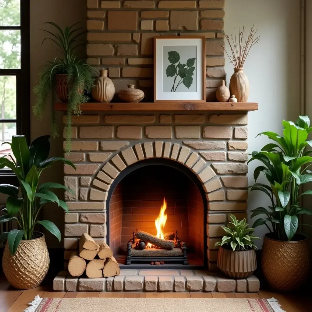 a photo of a cozy fireplace surrounded by plants and bohemian decor