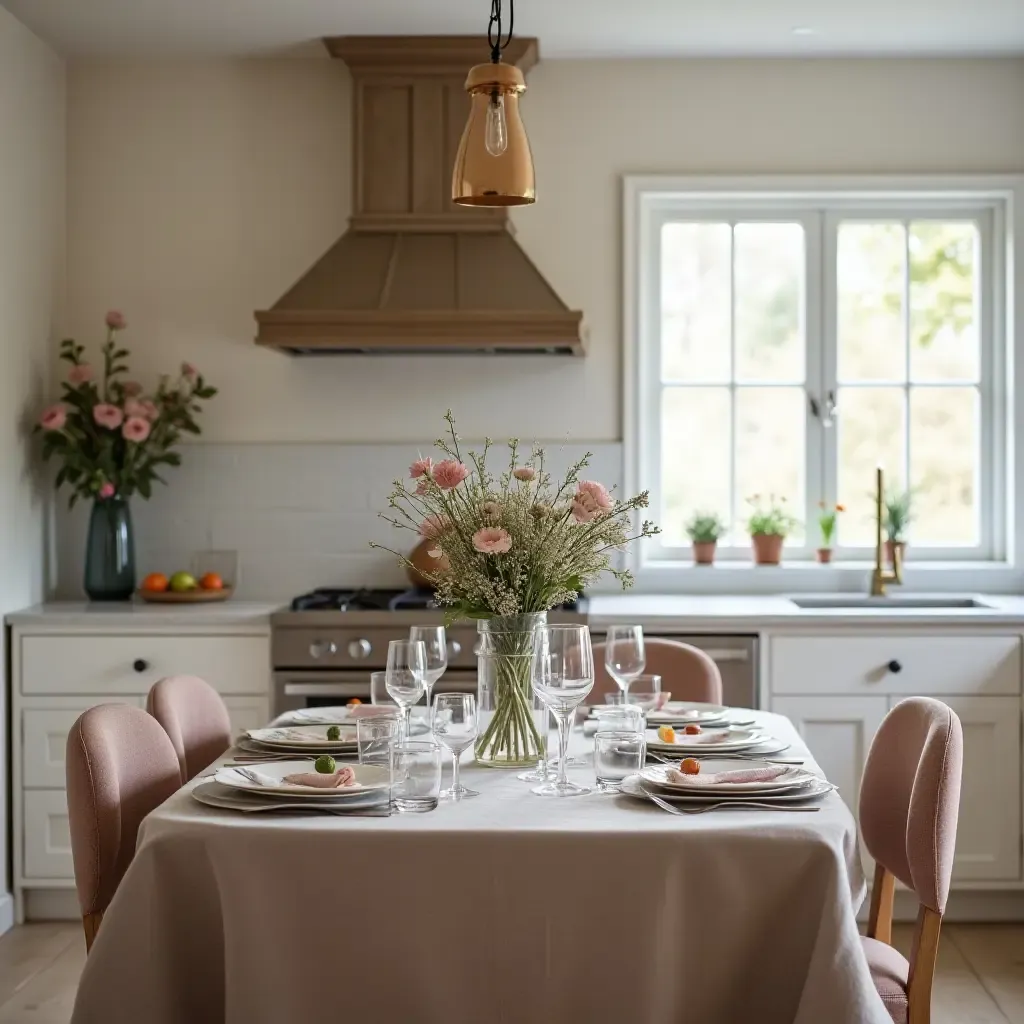 a photo of a kitchen with elegant table settings and chic accessories