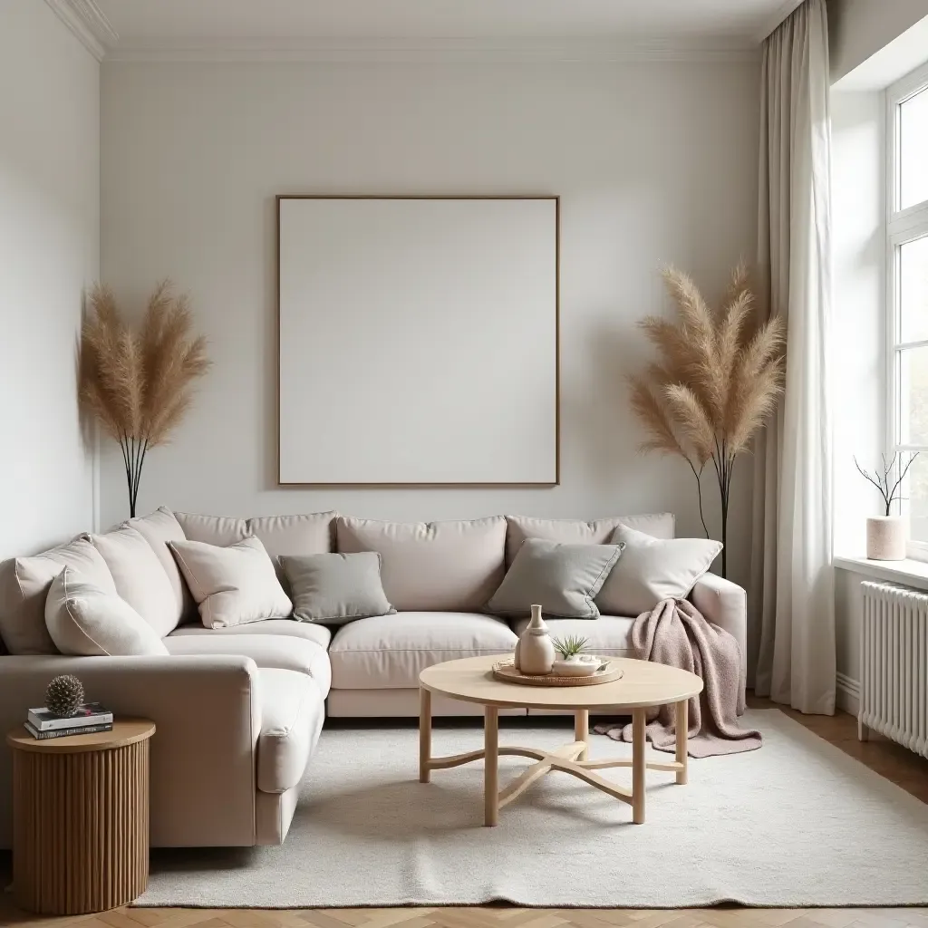 a photo of a cozy Scandinavian-inspired living room featuring neutral colors and soft textures