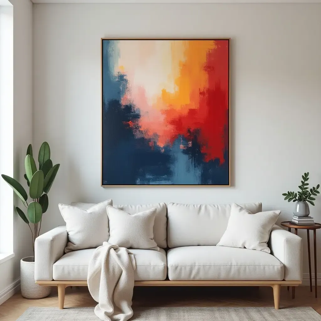 a photo of a vibrant abstract painting on a living room wall