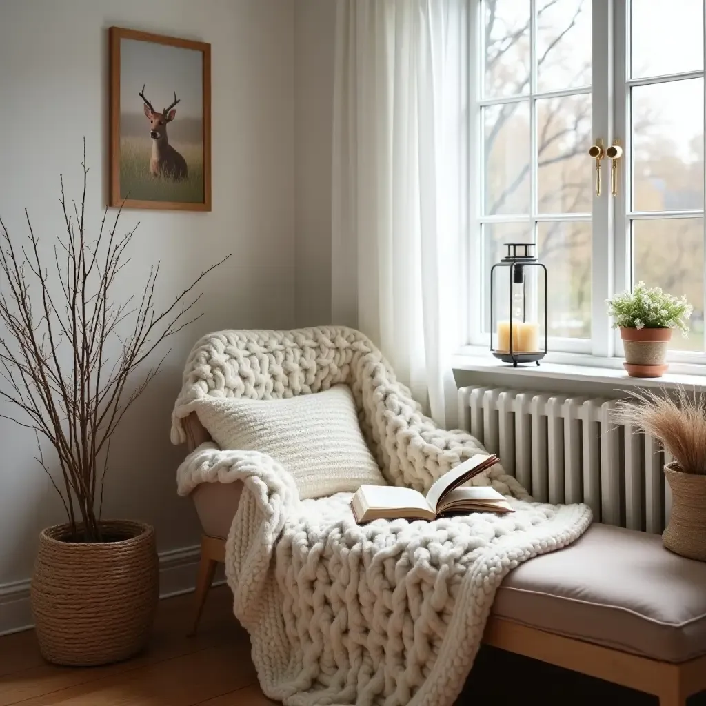 a photo of a cozy reading corner with a knitted blanket and farmhouse decor