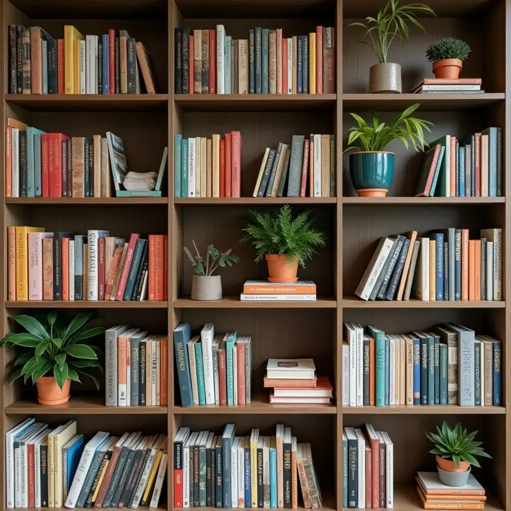 a photo of a modern library shelf with colorful books and decorative plants