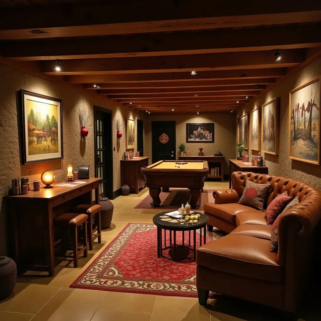 a photo of a basement with a cozy corner for board games and snacks