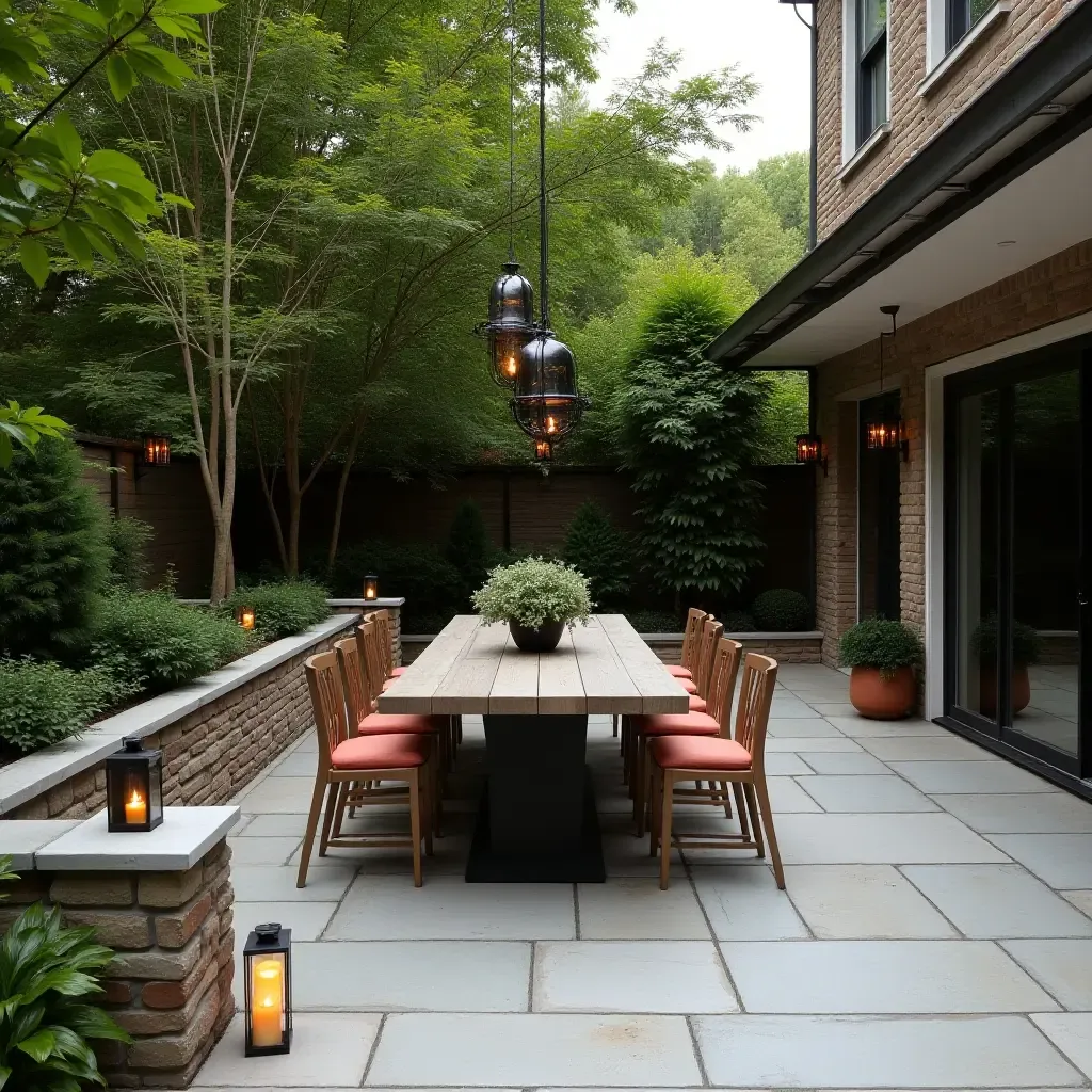 a photo of a concrete patio adorned with lanterns and a dining table