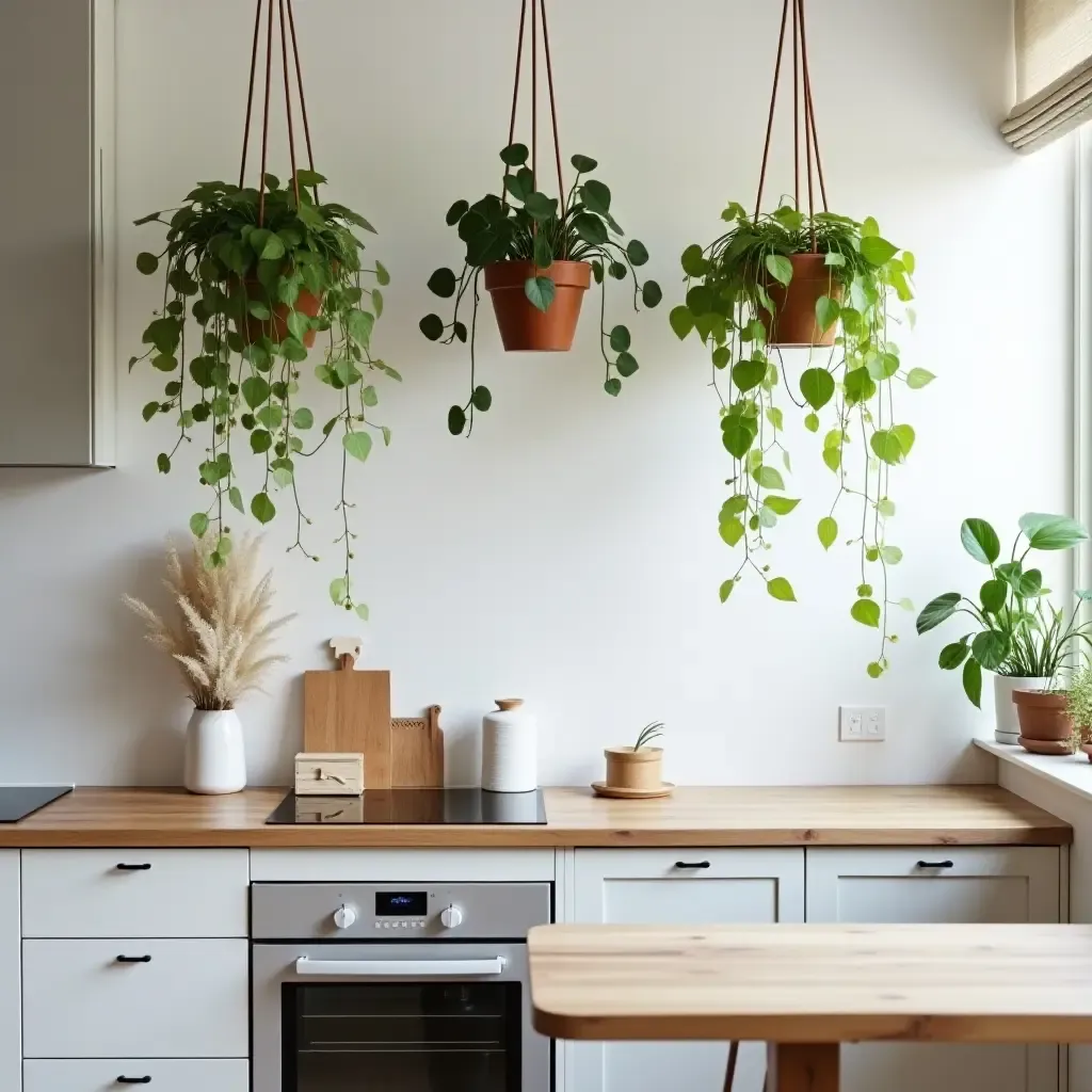 a photo of a small kitchen with hanging plants and minimalist decor