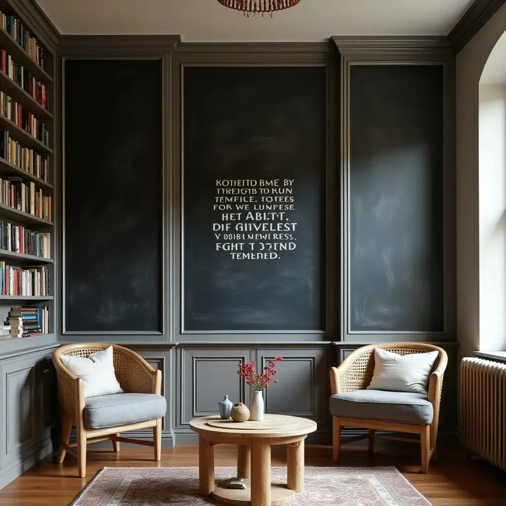 a photo of a farmhouse library with a chalkboard wall for notes and quotes