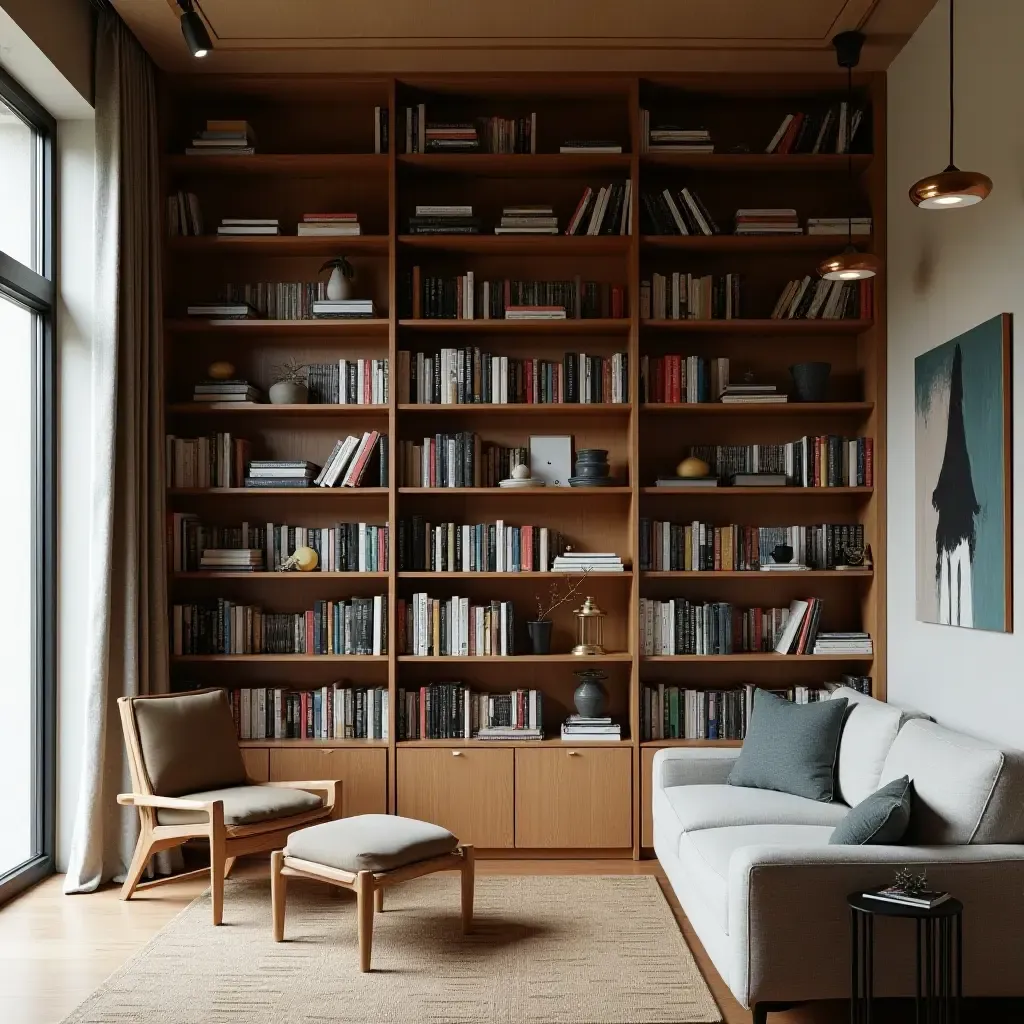 a photo of ceiling-high bookshelves in a small room