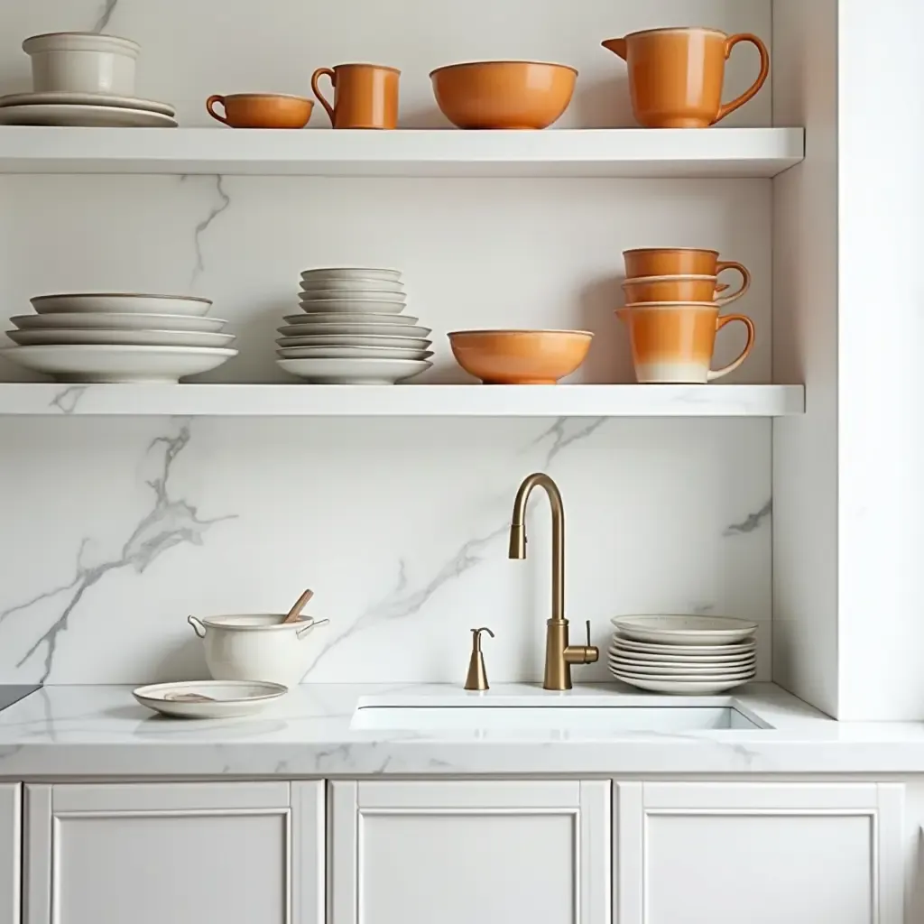 a photo of a chic kitchen with marble accents and colorful dishware