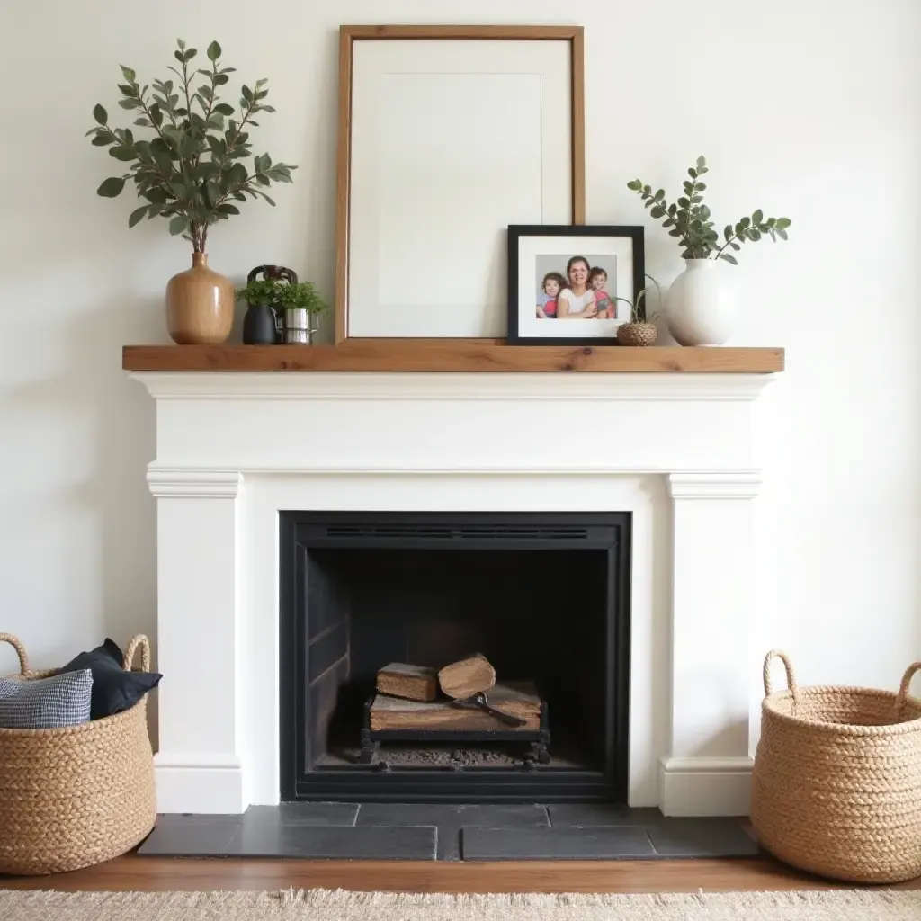 a photo of a cozy farmhouse-style fireplace mantel with family photos