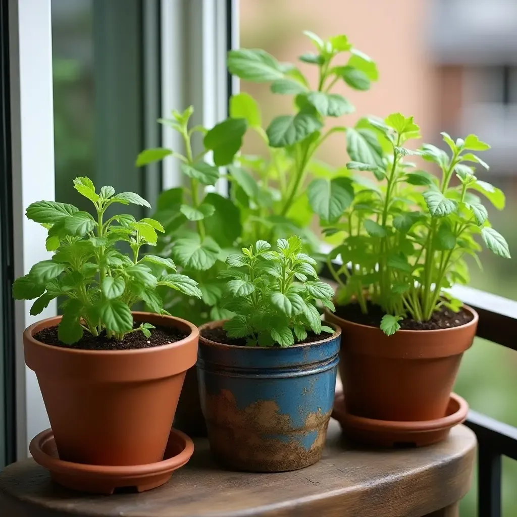 a photo of a balcony with a mini herb garden in decorative pots