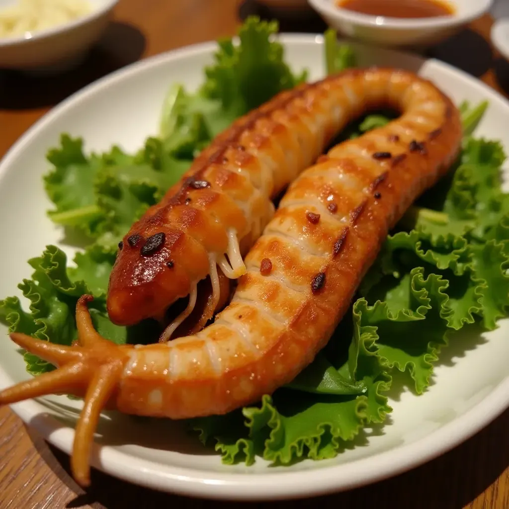 a photo of Tongyeong&#x27;s grilled eel, crispy and glazed, served on a bed of fresh greens.