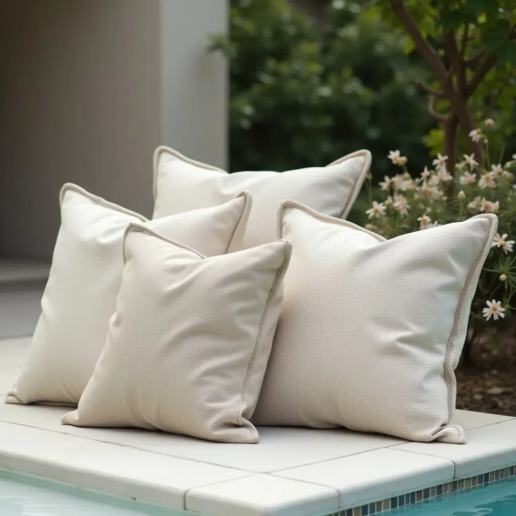 a photo of throw pillows in neutral tones creating a serene pool vibe