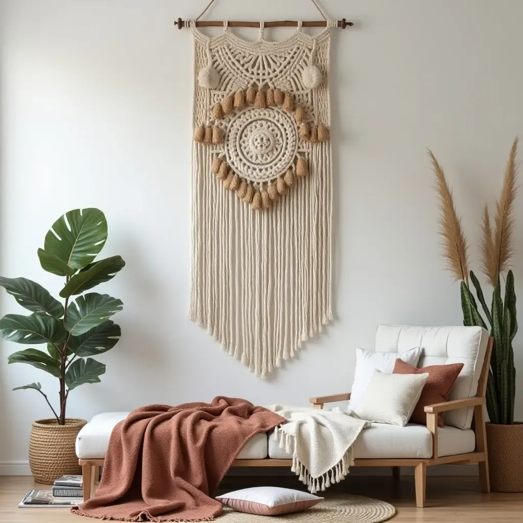 a photo of a bohemian-style living room featuring a macrame wall hanging