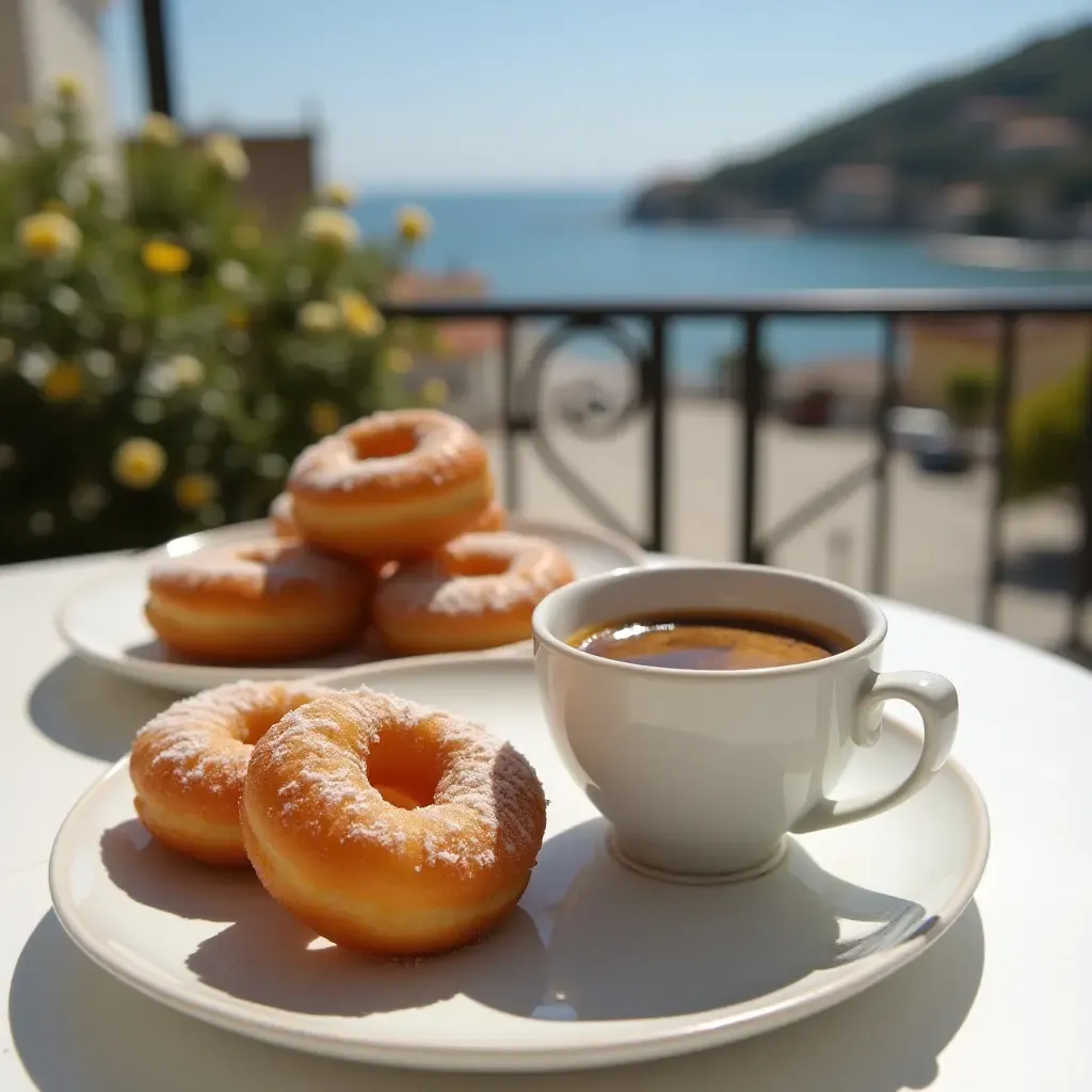 a photo of a Greek coffee served with a side of loukoumades (honey doughnuts) on a sunny balcony.