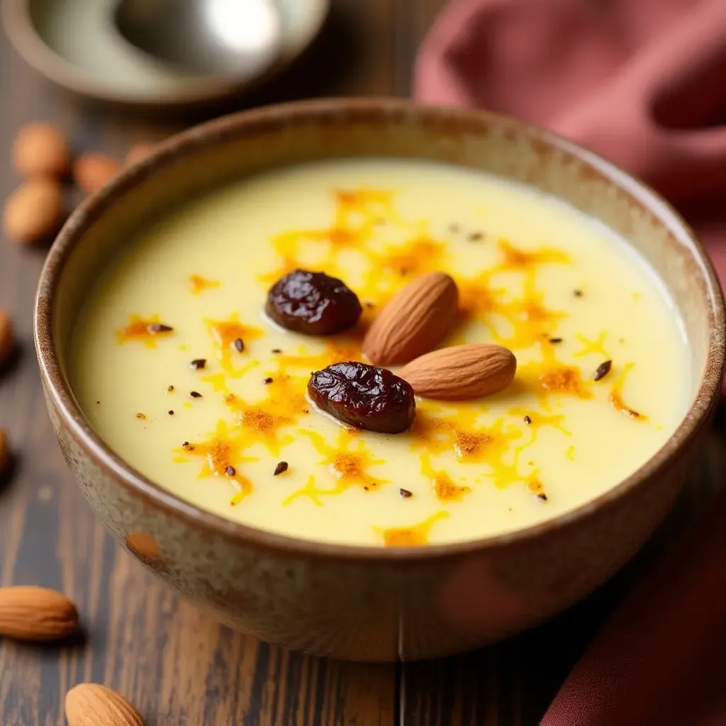 a photo of a bowl of creamy, saffron-infused Kheer with almonds and raisins.