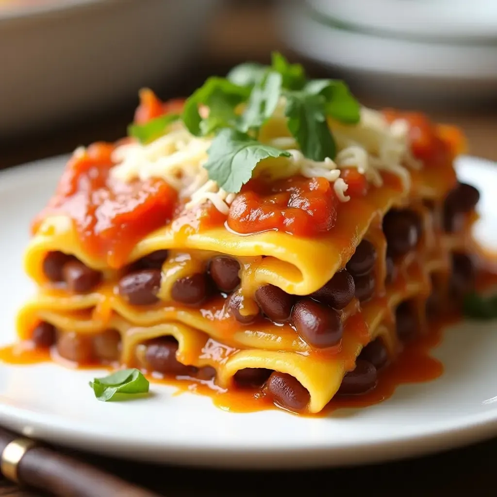 a photo of corn tortilla lasagna layered with beans, salsa, and cheese.