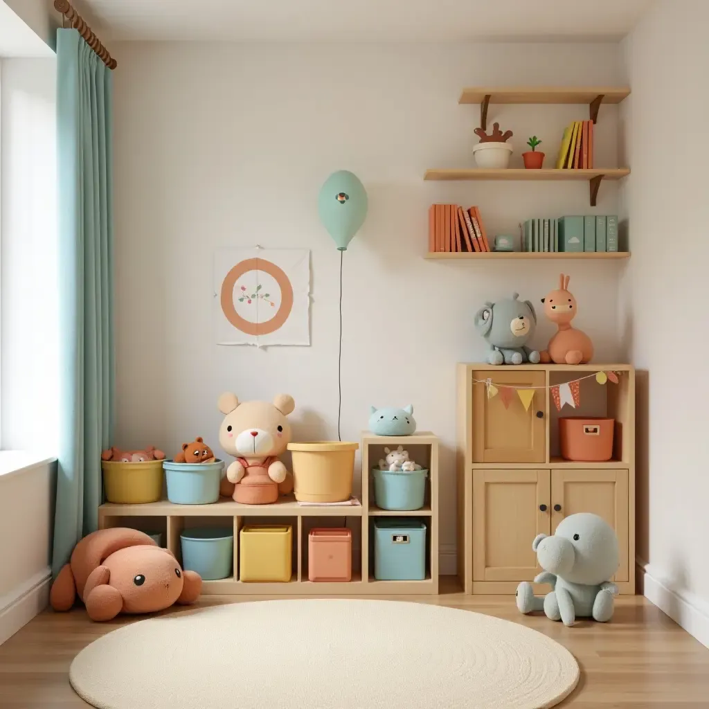 a photo of a playroom with a colorful storage wall