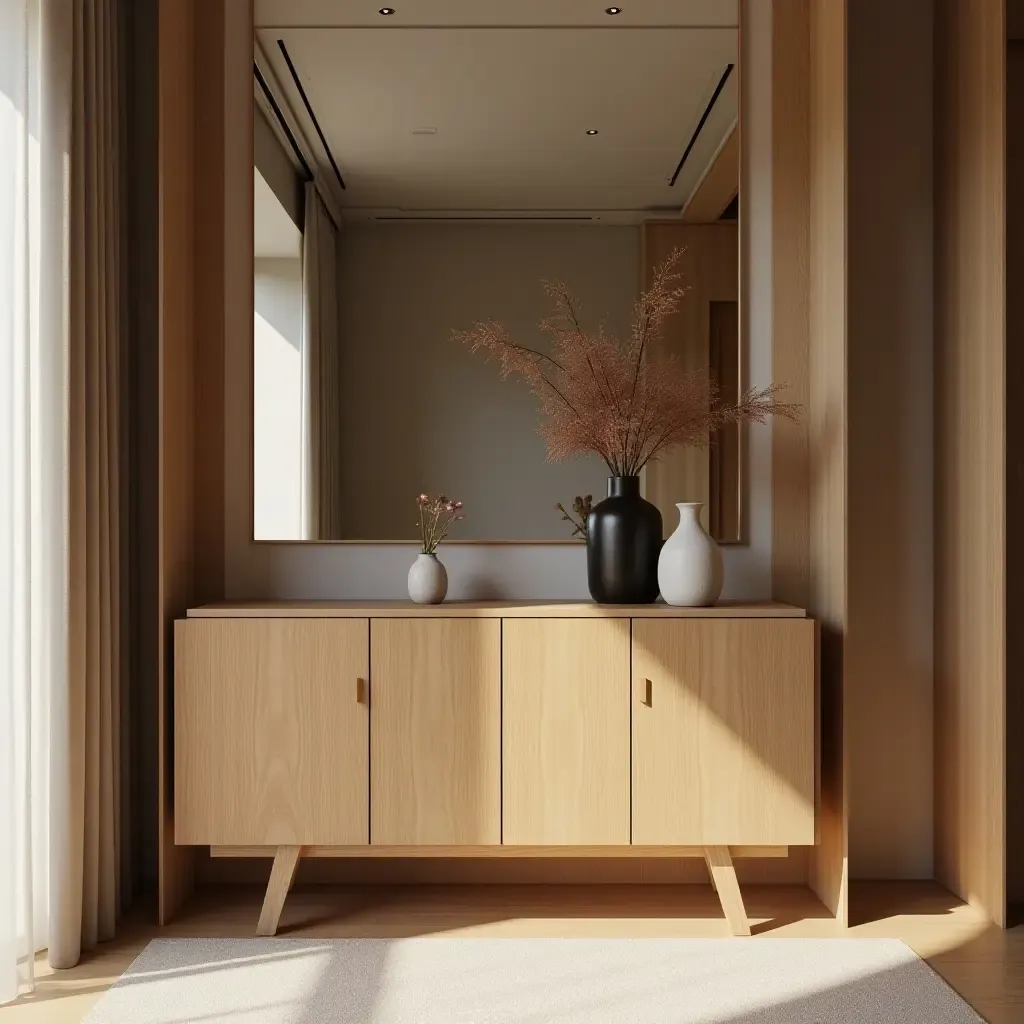 a photo of a wooden cabinet with decor in a corridor