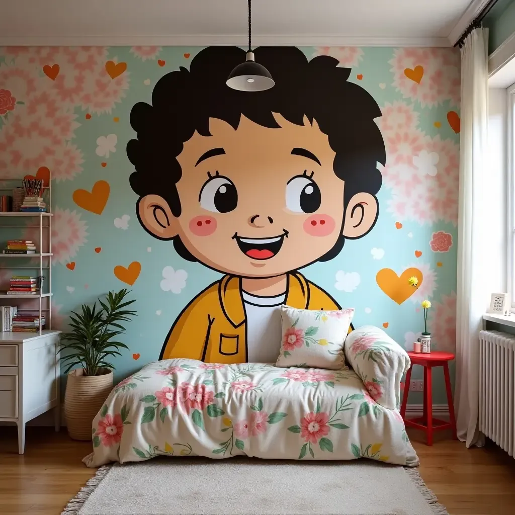 a photo of a room featuring a colorful, oversized mural of a favorite character