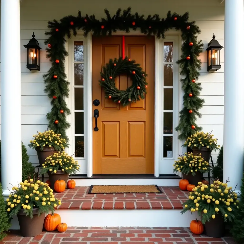 a photo of a porch decorated with seasonal wreaths and garlands