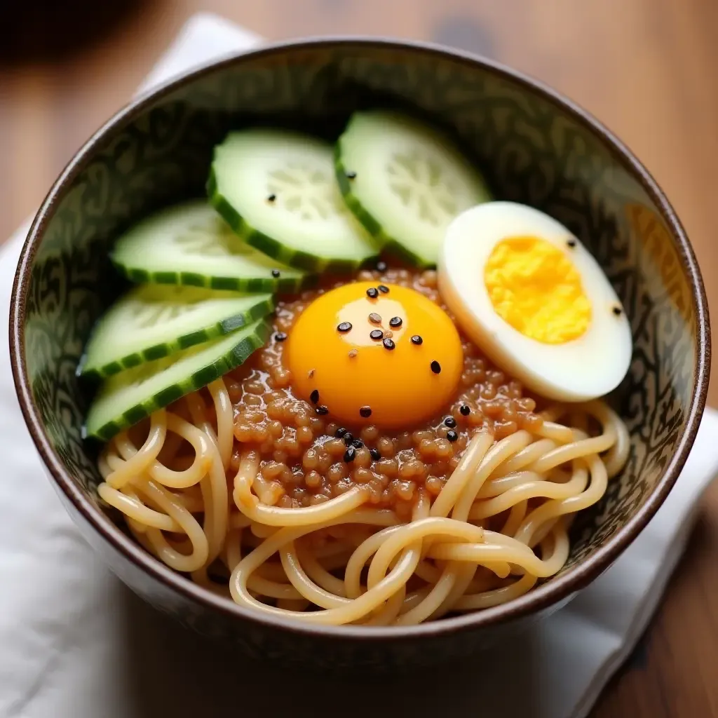 a photo of a hearty bowl of hiyamugi noodles with sliced cucumbers, egg, and a tangy sesame dressing.