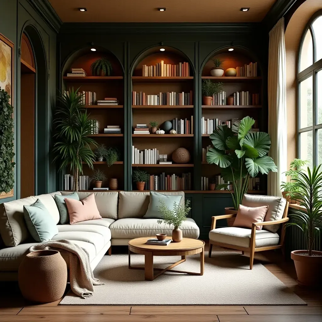 a photo of a library with a mix of indoor plants and Mediterranean decor