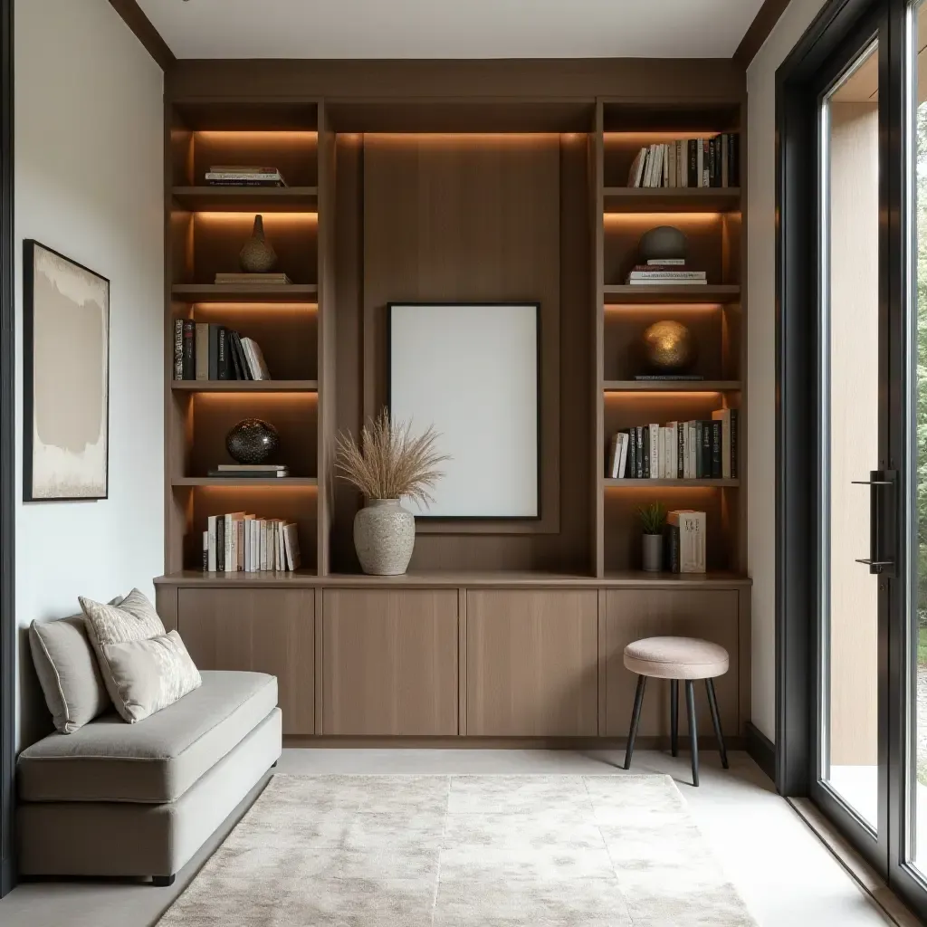 a photo of an entrance hall with layered shelving displaying books and art pieces