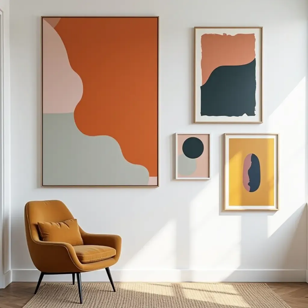 a photo of a gallery wall with oversized art pieces and bold colors