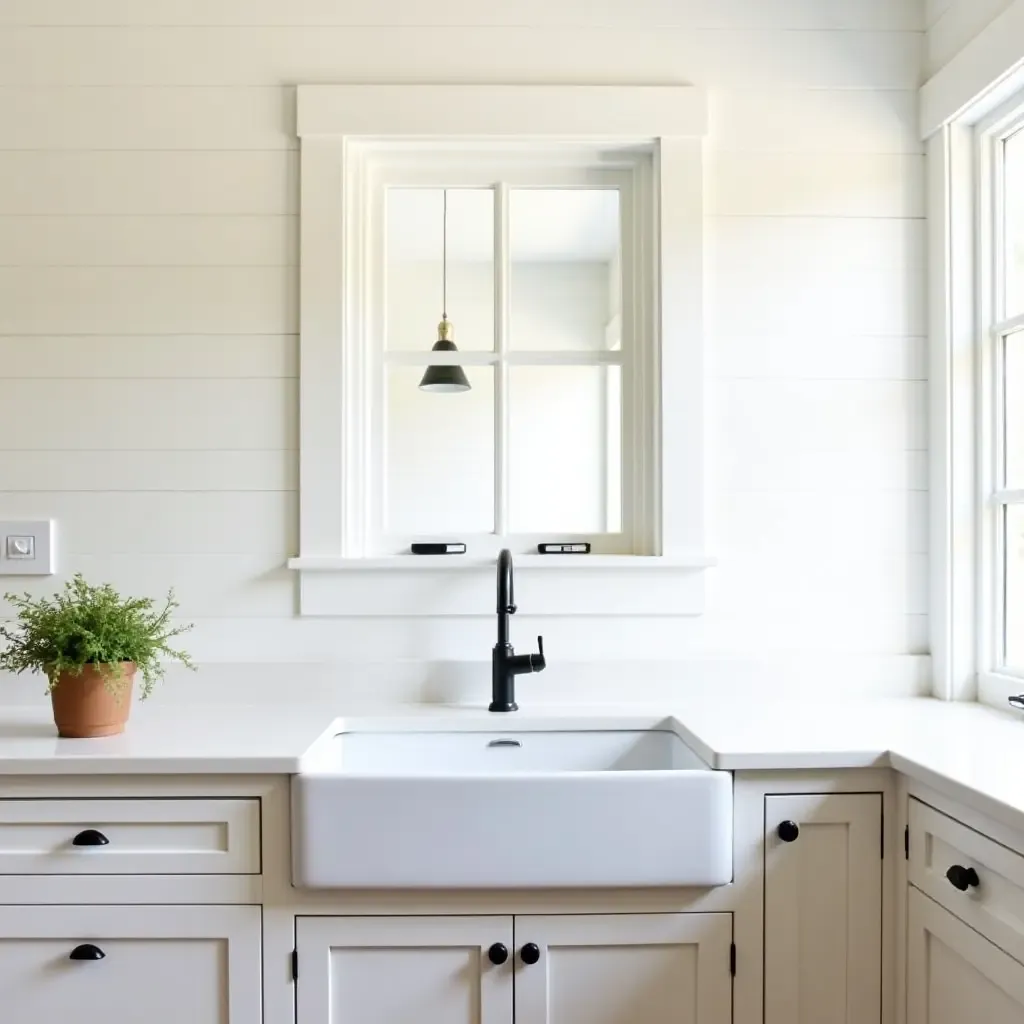 a photo of a charming kitchen with shiplap walls and a farmhouse sink