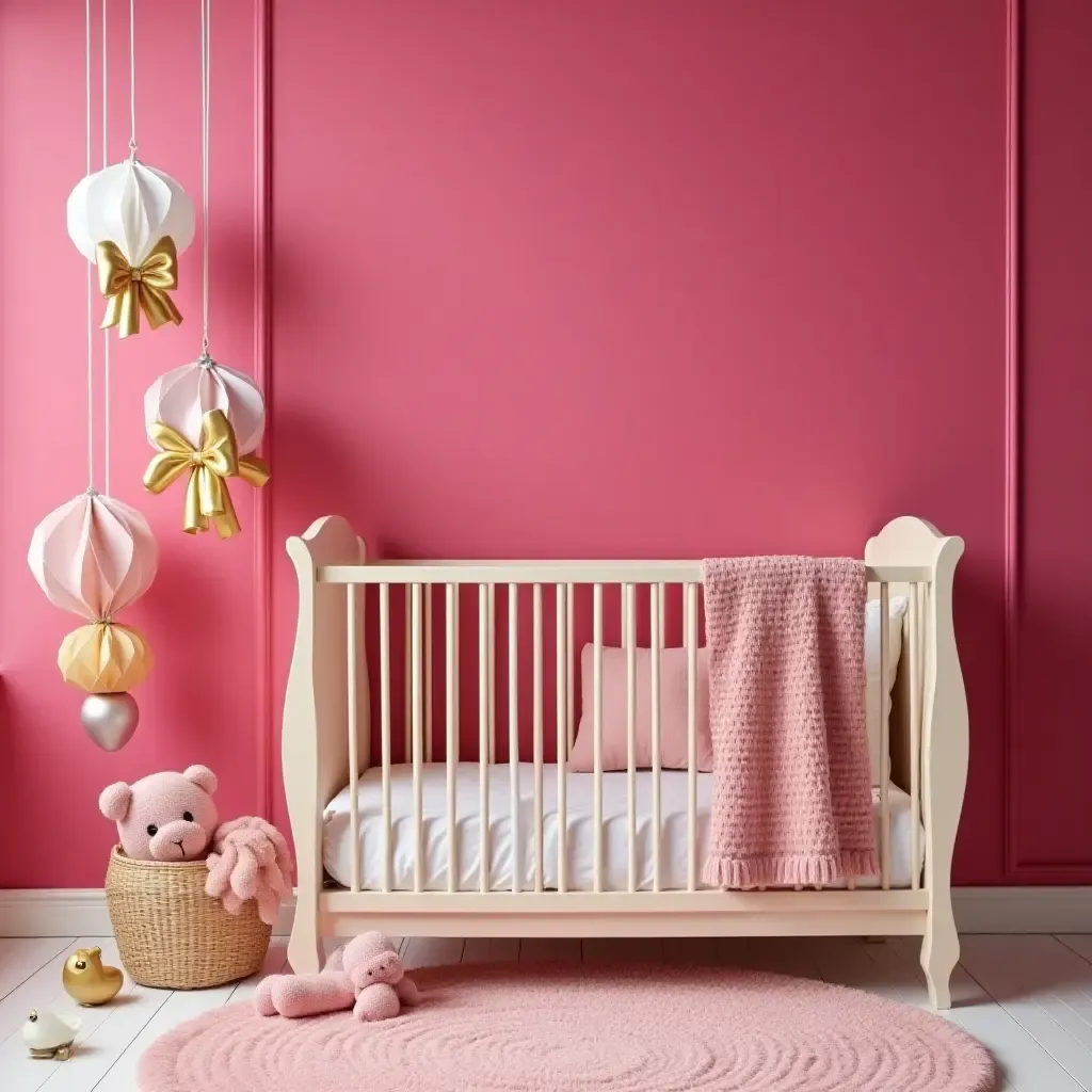 a photo of a nursery decorated in vibrant fuchsia and soft gold