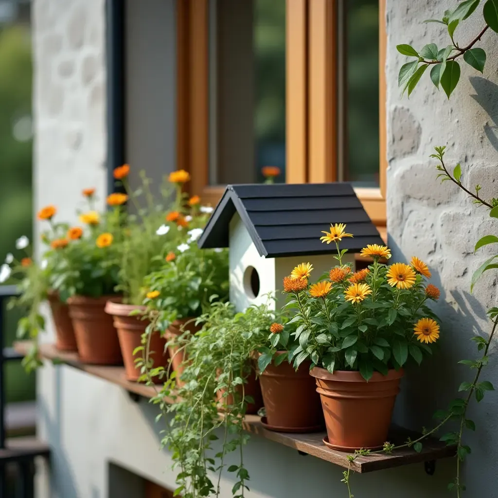 a photo of a balcony with a charming birdhouse and hanging plants