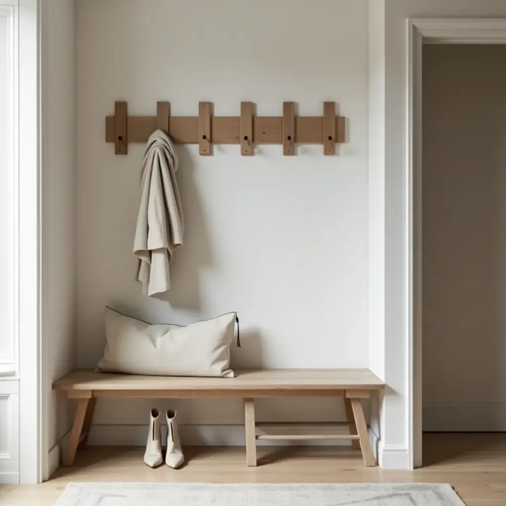 a photo of a minimalist bench with a built-in coat rack in a contemporary hall