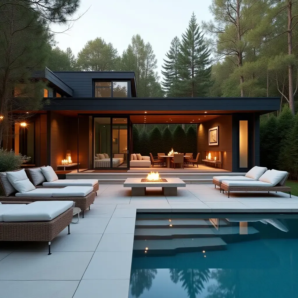 a photo of a cozy fire pit area by the pool with Scandinavian design influences