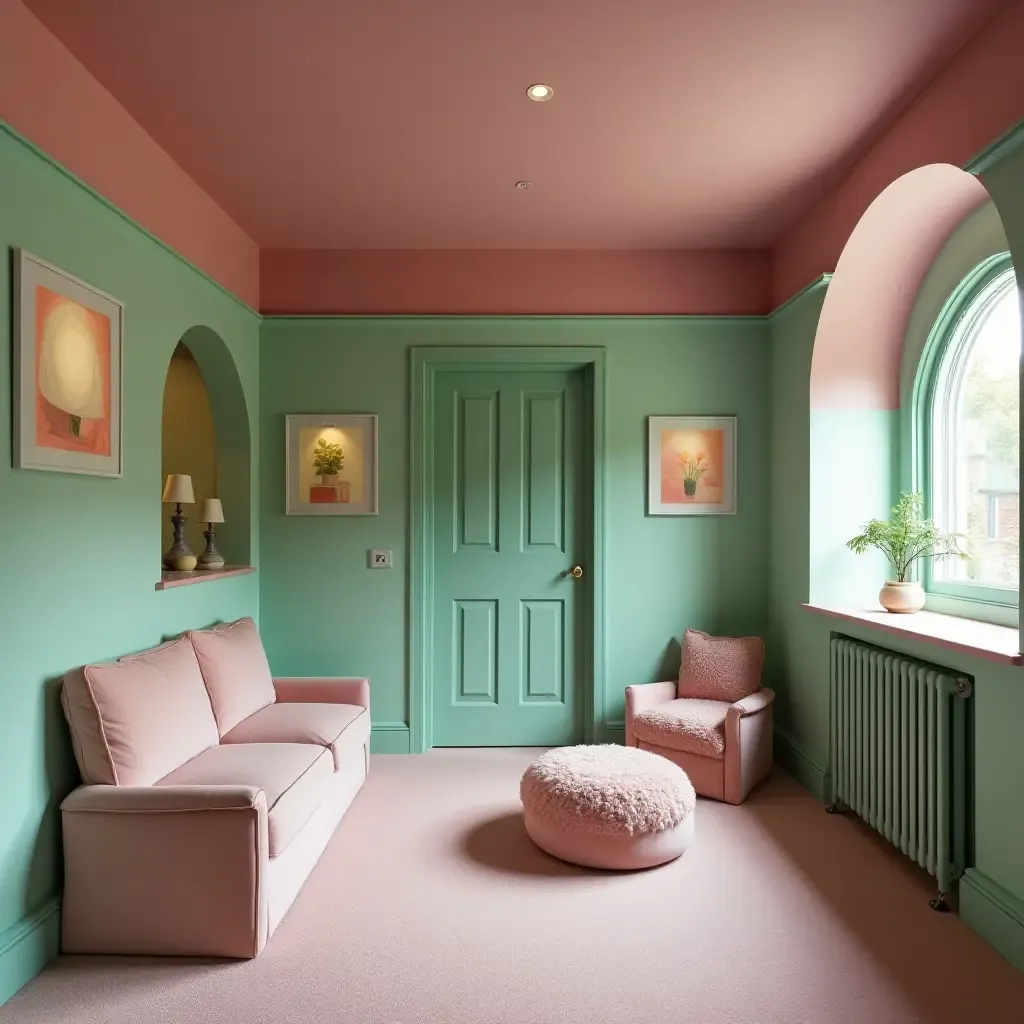 a photo of a basement showcasing a playful mix of raspberry and mint green