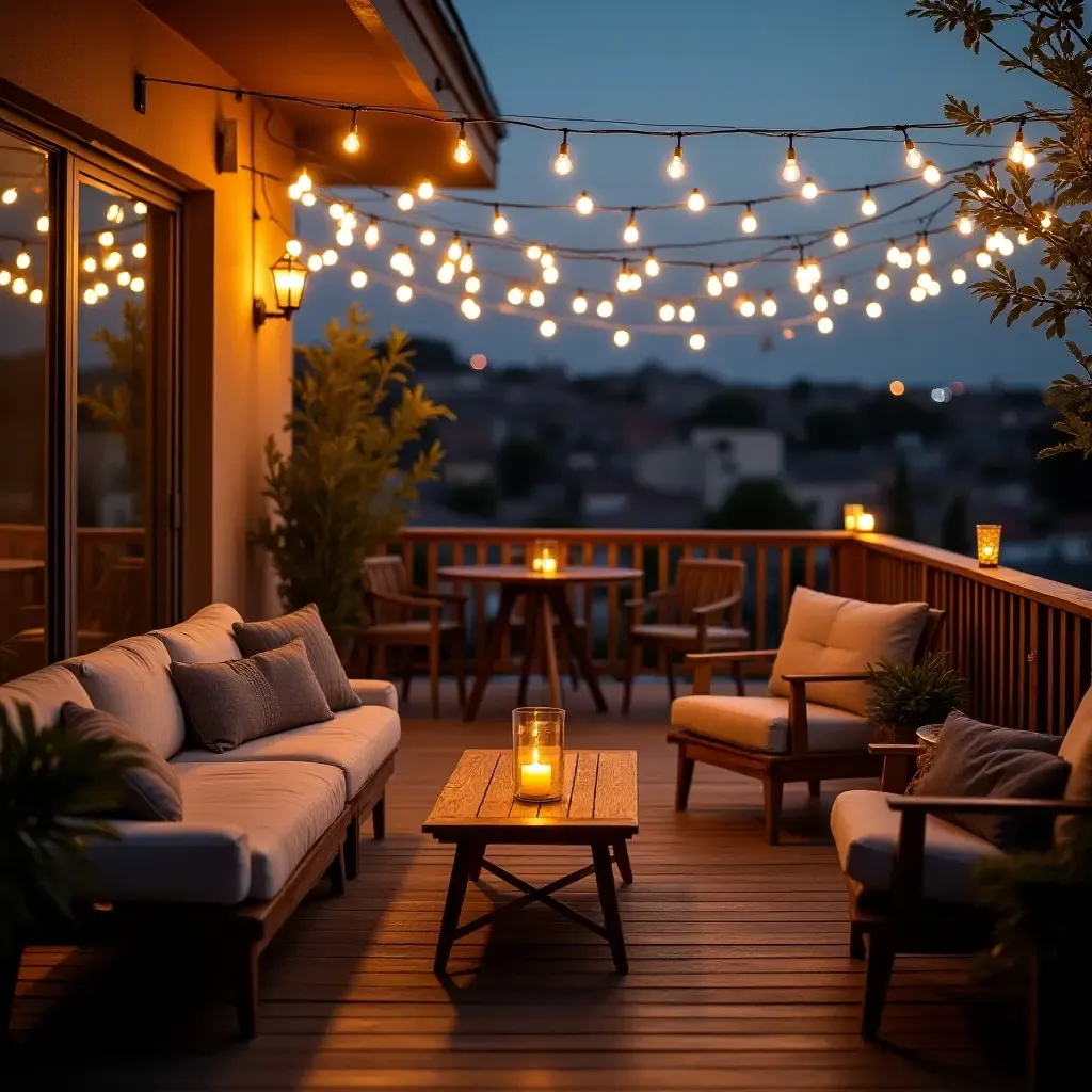 a photo of a balcony adorned with string lights and plush seating