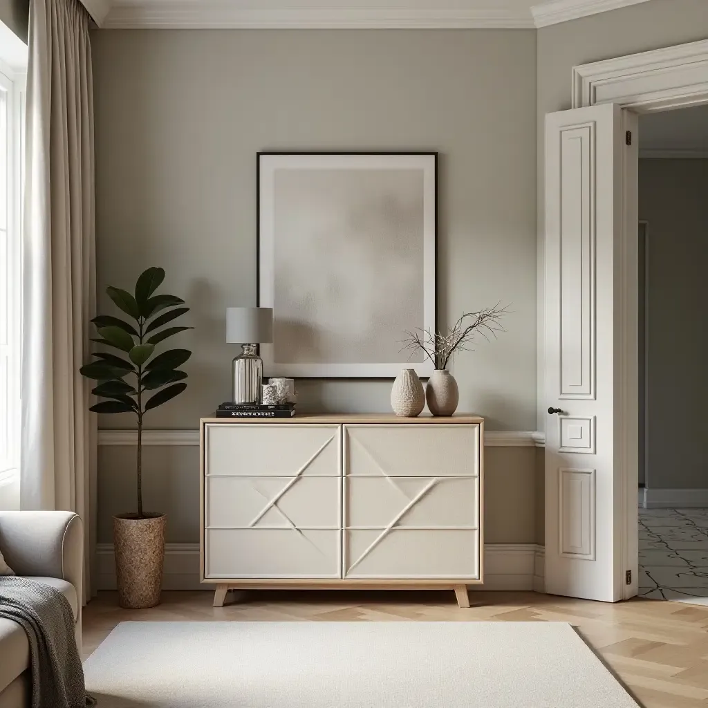 a photo of a stylish living room featuring a decorative storage cabinet