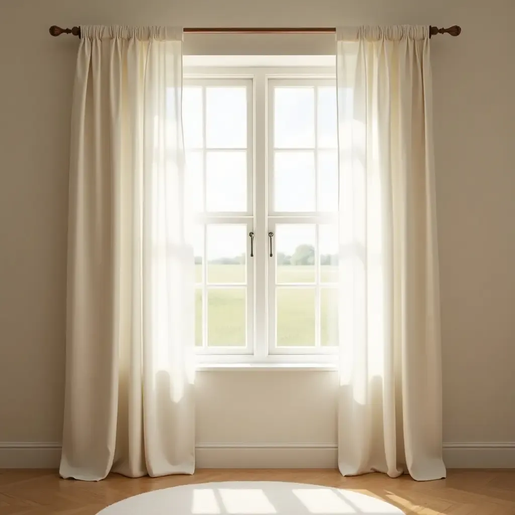 a photo of a nursery featuring a sunlit window with flowing linen curtains