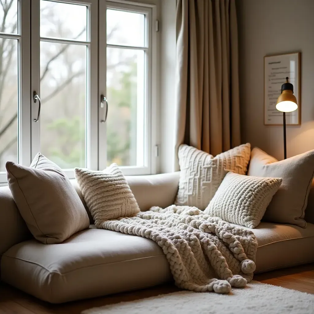 a photo of an inviting reading nook with plush cushions and a knit blanket