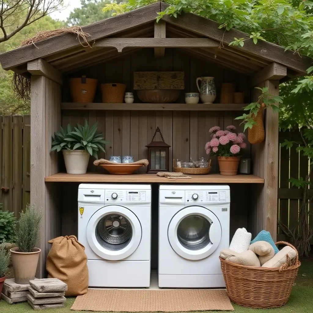 a photo of a rustic outdoor laundry setup featuring wooden accents and vintage decor