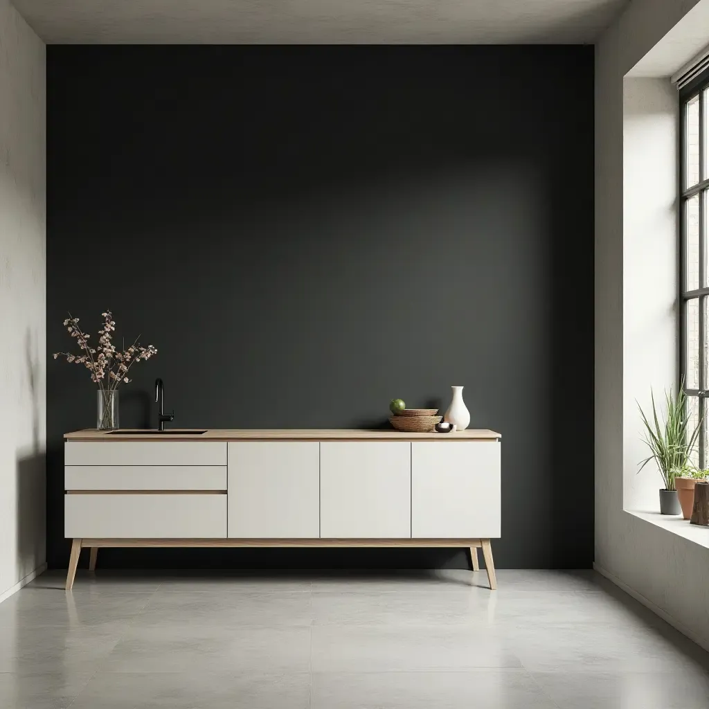 a photo of a sleek kitchen with a chalkboard wall and minimalist furniture