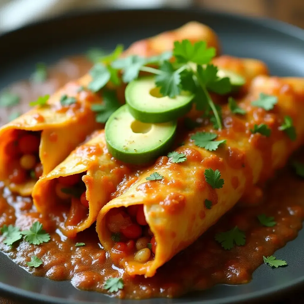 a photo of colorful vegetarian enchiladas with fresh cilantro and avocado slices